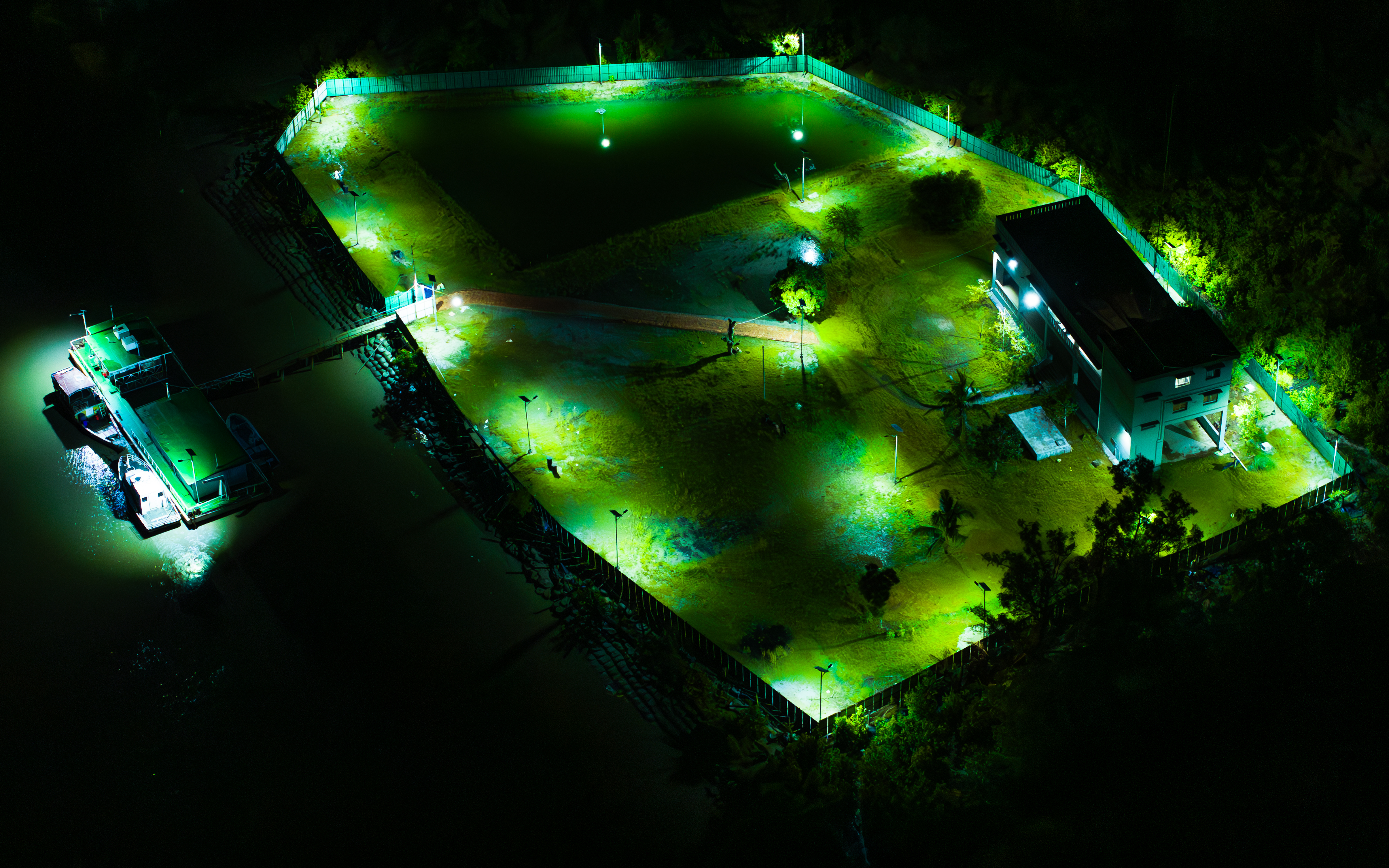 Off-grid solar outpost running after dark